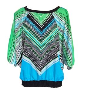Womens Abstract Geometric‎ Print Dolman Sleeve Blouse Top Green Blue Black
